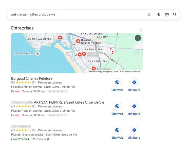 exemple d'affichage de SERP google et des résultats naturels sur l'exemple peintre saint gilles croix de vie